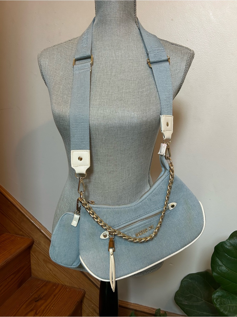 Steve Madden Light Blue Shoulder Bag with Cream Trim and Gold Chain